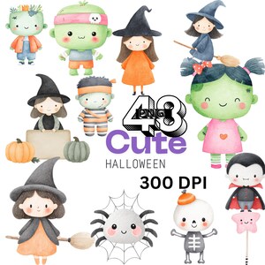 Pode incluir: Uma coleção de ilustrações fofas com tema de Halloween. A imagem apresenta vários personagens, incluindo bruxas, zumbis, um vampiro e um esqueleto. O texto "43 Cute Halloween 300 DPI" também está incluído.