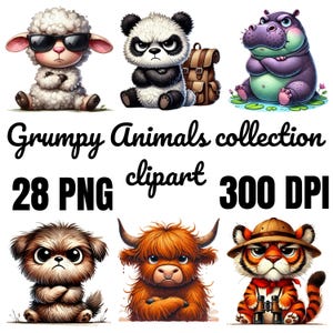 Könnte beinhalten: Eine Sammlung von sechs grimmigen Zeichentricktieren, darunter ein Schaf mit Sonnenbrille, ein Panda mit Rucksack und ein lila Nilpferd. Das Bild zeigt auch einen grimmigen Hund, eine Hochlandkuh und einen Tiger mit Fernglas. Der Text lautet "Grumpy Animals collection 28 PNG clipart 300 DPI."