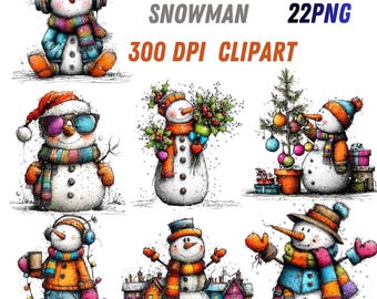 Sprookjesachtige sneeuwpop kerst clipart, feestelijke PNG’s, digitale download, sjaal & kerstmuts, 22 bestanden