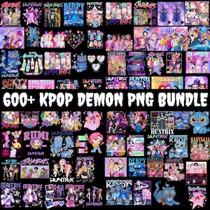 Puede incluir: Un conjunto de arte digital con diseños temáticos de K-pop. La imagen muestra varias ilustraciones, incluyendo personajes de estilo anime, logotipos y texto. El texto "600+ KPOP DEMON PNG BUNDLE" se muestra de forma destacada.