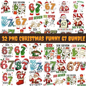 Puede incluir: Un conjunto de gráficos PNG con temática navideña que presentan los números 6 y 7, Papá Noel y gestos de manos festivos. Los diseños incluyen el texto "Six Seven" y "Santa Says" en varios estilos, perfectos para proyectos navideños.