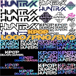Puede incluir: Una colección de logotipos con el texto "HUNTRX" en varios estilos y colores, incluyendo negro, blanco y turquesa. Los logotipos también incluyen el texto "KPOP DEMON HUNTERS" y "LOGO/PNG/SVG".