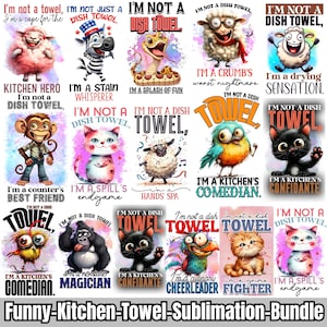 Könnte beinhalten: Eine Sammlung humorvoller Küchentücher mit verschiedenen Tierfiguren und Sprüchen. Jedes Tuch zeigt ein anderes Tier, wie ein Schaf, ein Zebra oder eine Katze, mit spielerischen Texten wie "Ich bin kein Geschirrtuch". Die Tücher sind farbenfroh und für die Sublimation bestimmt.