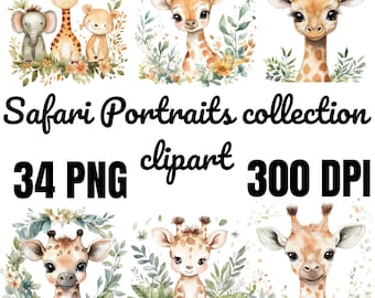 Watercolor Safari Animals Clipart: Baby Shower Nursery Decor (PNG Digital Download, 34 Files)