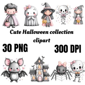 Pode incluir: Uma coleção de cliparts fofos com tema de Halloween, apresentando vários personagens e elementos. A imagem inclui um vampiro, um fantasma, uma bruxa, um esqueleto e outros personagens. O texto na imagem diz "Cute Halloween collection clipart", "30 PNG" e "300 DPI".