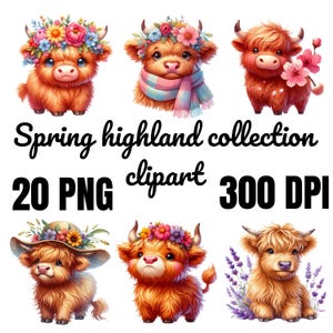 Aquarell-Clipart mit Hochlandrind im Frühling, 20 PNG-Cliparts mit Kuhabdruck, Clipart mit Baby-Hochlandrind, Clipart mit Tierbabys,Kuhkunst