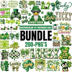 Puede incluir: Un conjunto de gráficos temáticos del Día de San Patricio, que incluyen tréboles, patos y la palabra "Lucky". El paquete incluye más de 200 imágenes PNG en varios tonos de verde, con algunos acentos de rosa y dorado.