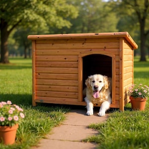 Weatherproof Wooden Dog House – Outdoor and Indoor Pet Shelter with Raised Floor, Ventilation and Asphalt Roof for Medium Large Dogs