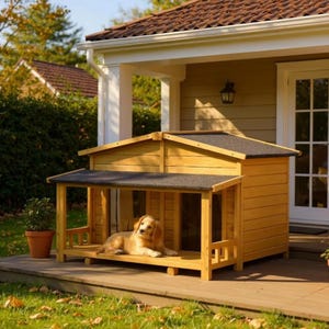 Large Wooden Cabin Dog House with Porch & Double Doors – Weatherproof Outdoor Indoor Shelter 47.2 inch for Medium Large Dogs