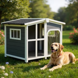 Gray Wooden Dog House with Porch Weatherproof Outdoor and Indoor Pet Shelter with Raised Floor Asphalt Roof for Small to Medium Dogs