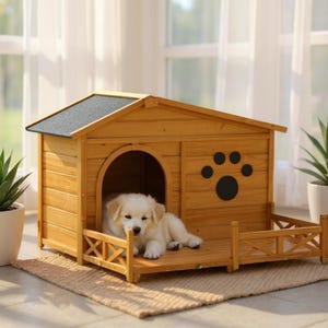 Large Wooden Dog House with Porch – Weatherproof Outdoor & Indoor Pet Shelter for Small to Medium Dogs, Stylish Paw Design