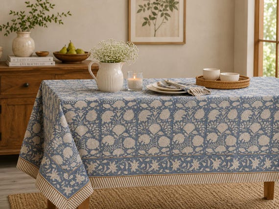 Dusty Blue Rectangle Block Print Tablecloth Vintage Handmade Table Top setting Halloween table decor Tablecloth
