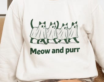 Ghost Cats Halloween Sweatshirt - Cute Meow and Purr Cat Pullover - Spooky Season Fall Sweater for Cat Lovers and Halloween Fans