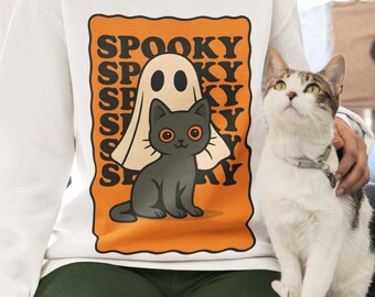 Spooky Cat Sweatshirt - Cute Ghost Cat Halloween Crewneck, Black Cat Fall Aesthetic Pullover, Kawaii Creepy Cute Sweater, Cozy October Gift