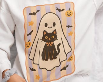 Cute Ghost Cat Halloween Sweatshirt - Kawaii Black Cat Fall Sweater, Pastel Spooky Aesthetic, Ghost Costume Pullover, Coquette