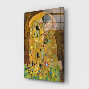 Gustav Klimt The Kiss Glass Wall Art – Modern Home Decor, Decorative Artwork Print, Unique Gift for Living Room or Office