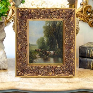 Antique 19th c. Pastoral Landscape Oil Painting Print on Canvas, Cows in Stream