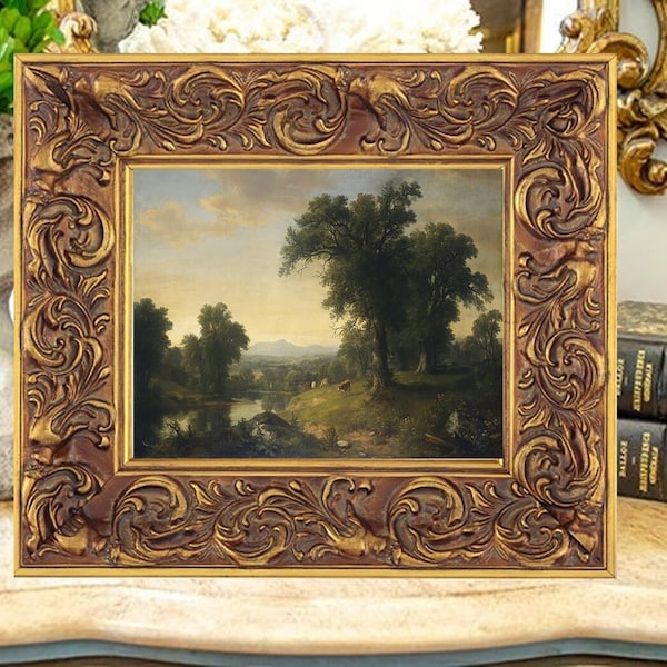 French Pastoral Cow Landscape Art Print on Canvas: Gold Frame Option