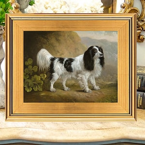 Cavalier Spaniel Dog Oil Painting Print on Canvas, Gold Frame