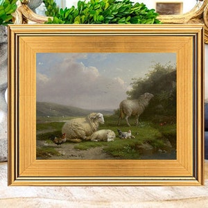 Beautiful Sheep in Pasture Landscape Oil Painting Print on Canvas, Cornelius van Leemputten image 1