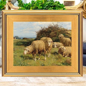 Sheep Landscape Oil Painting Print on Canvas: Pastoral Farmhouse Decor