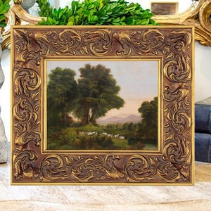 Antique 19th c. Pastoral Oil Painting Print on Canvas, Sheep