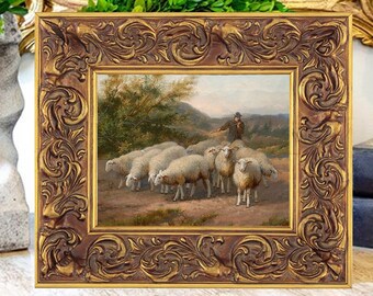 Antique 19th c. Sheep Oil Painting Print on Canvas, Shepherd with Sheep