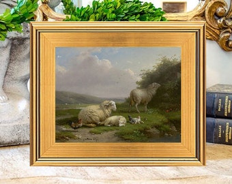 Beautiful Sheep in Pasture Landscape Oil Painting Print on Canvas, Cornelius van Leemputten