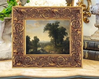 French Pastoral Cow Landscape Art Print on Canvas: Gold Frame Option