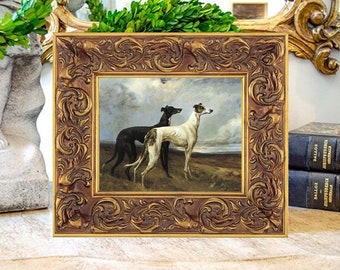 19th c. Dog Oil Painting Print on Canvas, Greyhounds in Field, Maud Earl