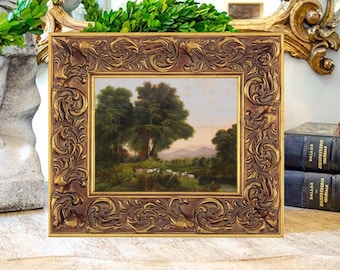 Antique 19th c. Pastoral Oil Painting Print on Canvas, Sheep