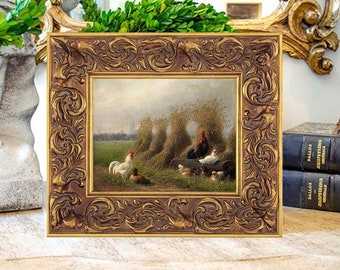 Chicken Oil Painting Print on Canvas, 19th c. Reproduction, Artist Fritz Lange