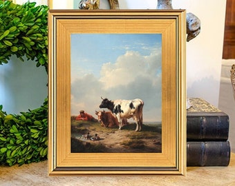 Gorgeous Bucolic Cow Oil Painting Print on Canvas, Pastoral