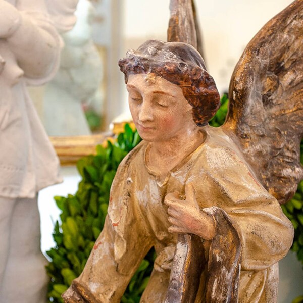 LAST ONE! LG Kneeling Nativity Angel, Gilded Wings