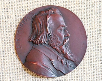 Antique Bronze Medallion, Musical Composer Brahms, Signed F. Stiasny, Heavy, Paperweight