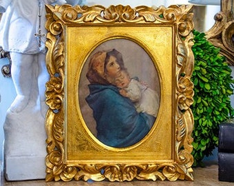 Gorgeous Vintage Italian Florentine Framed Madonna, Carved Wood Florentine Frame and Mat