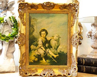 Vintage Art Print, The Good Shepherd with Lamb by Murillo, Gilt Florentine Frame, Carved Wood