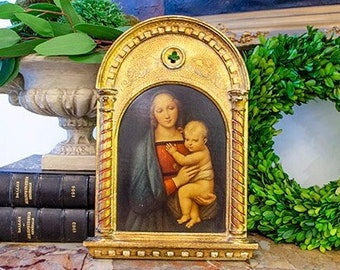 Vintage Italian Florentine Madonna Art Plaque, Arched Cathedral Design, Raphael Madonna, Wood, Gold Leaf