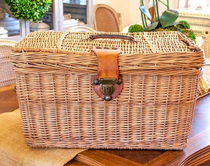 Antique FRENCH Wicker Basket Trunk Metal and Leather Etsy