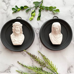 NEW Jesus and Mary Bust Plaques, Pair, Plaster Cast Busts, Religious, Catholic image 1