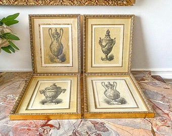 Vintage Set Architectural Sketches, Prints, Urns, Vases, Bombay Co, Professionally Framed, Set of Four