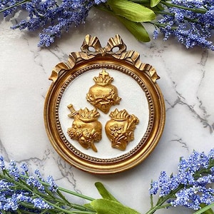 Framed Sacred Heart Intaglio Set: Gold Bow Frame, Religious Wall Decor