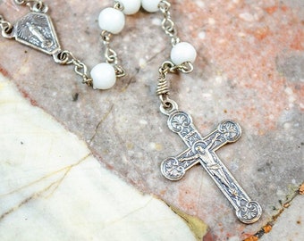 Vintage Child's Rosary, White Beads, Italy, Closed Religious Order