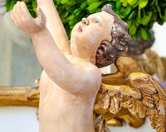 Gorgeous Neapolitan Style Cherub Statue, Wings, Hand Painted, on Stand, Italian Style Angel