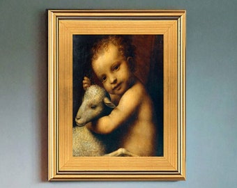 Beautiful Infant Jesus with Lamb Oil Painting Print on Canvas, Bernardo Luini