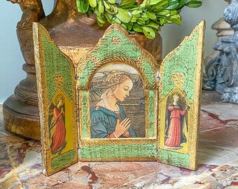 Vintage Florentine Triptych, Italian, Madonna and Child, Fra Angelico Angels, Wood, Italy