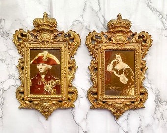 RARE Antique Portraits, Gorgeous Brass Frames with Fleur de Lis and Crown Design, Royalty, Nobility