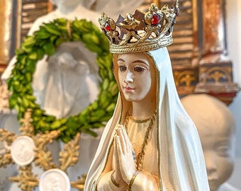 Vintage Our Lady of Fatima Statue with Crown, Portugal, Virgin Mary, Religious Statue, Glass Eyes