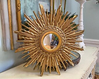 Vintage Sunburst Mirror, Mid Century, Syroco, Gold Leaf, 1950's