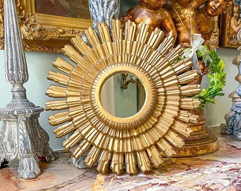 Espejo Sunburst vintage, mediados de siglo, estilo florentino, hoja de oro, década de 1950, madera Syroco